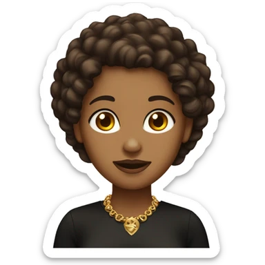 Female with curly chocolate hair, mahogany eyes and olive skin. She’s wear a black shirt with jewelry gold. sticker