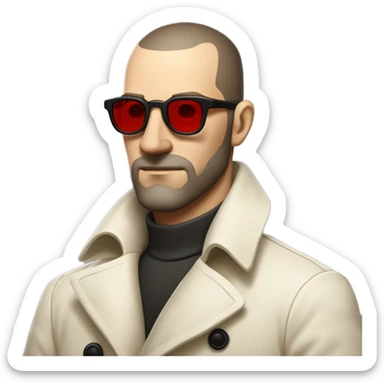 <excerpt>
A 1930s white man with real buzz cut Black hair, beard stubble donning small red tinted sun glasses in a dirty white trench coat, is serious.
</excerpt> sticker