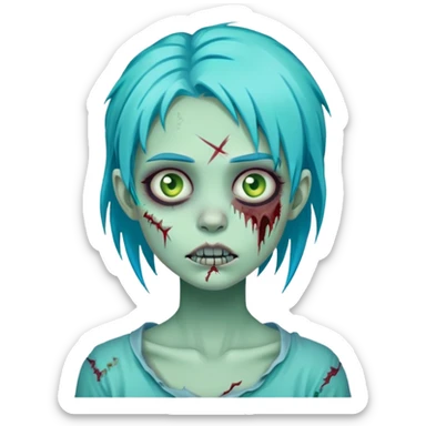 zombie girl with turquoise blue hair, pale green skin, stitches on face, cartoonish undead appearance sticker