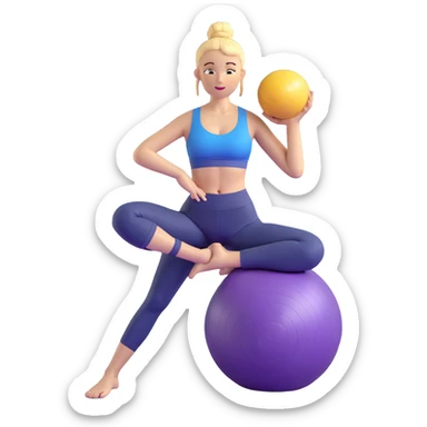 Yellow-skinned girl with high ponytail wearing blue sports bra and navy yoga pants doing yoga with a large exercise ball sticker