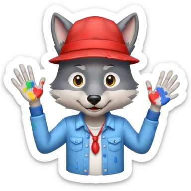 Wolf cartoon shaking hand wering hat and paint shirt  sticker