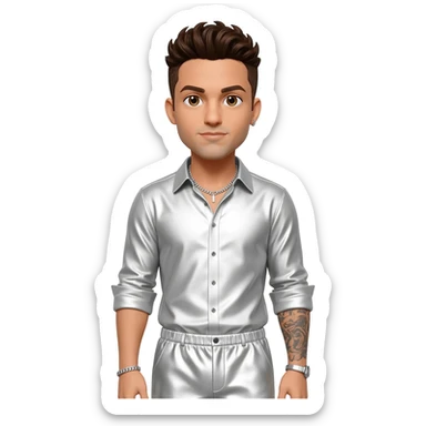 Howie Dorough from Backstreet Boys with brown eyes, dark brown hair, white metallic shirt, white metallic baggy pants, silver necklace sticker