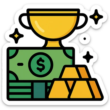prize pool, stack of cash and gold bars, shiny, modern icon sticker
