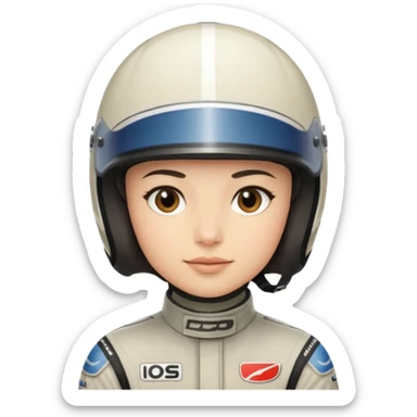 A light-skinned person with short dark hair, wearing a racing helmet and an oval face with a neutral look. sticker