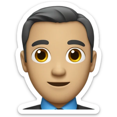 a bold man wearing a black suit with a blue shirt and a black tie underneath sticker