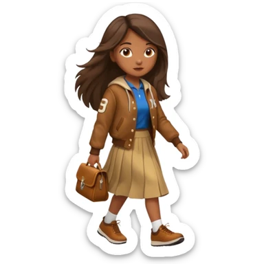 black color long hair girl with brown varsity jacket and long skirt walking  sticker