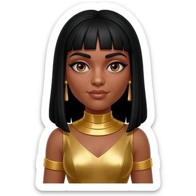 Cleopatra from Rome Mythology with hazel eyes, long black hair, gold metallic tunic, gold collar and earrings sticker