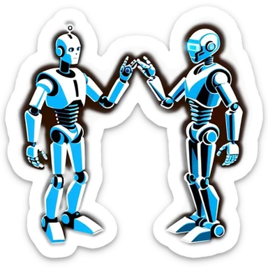 a robot trying to beat a human at rock paper scissors sticker