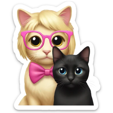 blonde cat with glasses kissing short black cat that has a pink bow on her head  sticker