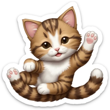 dark brown tabby and white kitten in funny positions stretched our upside down with eyes closed sticker