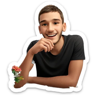 smiling boy with flowers indoors sticker