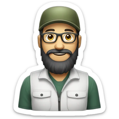 full body of an happy gardener face long dark beard and short dark hair with little transparent glasses and a army cap sticker