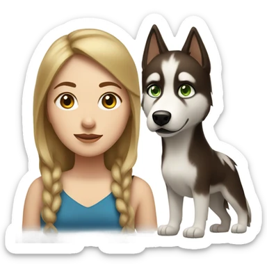 White Woman hair brown and bleus eyes and golden Husky With green eyes sticker
