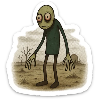 Salad Fingers character, standing in a desolate landscape, odd proportions, unsettling vibe sticker
