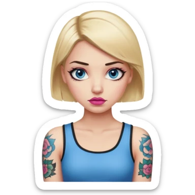Woman, Blonde blunt hair, blue eyes with dark lashes, pink lips, tattoo on arm, disapproving look sticker