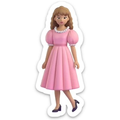 white or light brown girl with bangs, long light brown hair with curly blonde highlights, wearing a pastel pink dress with puff sleeves sticker