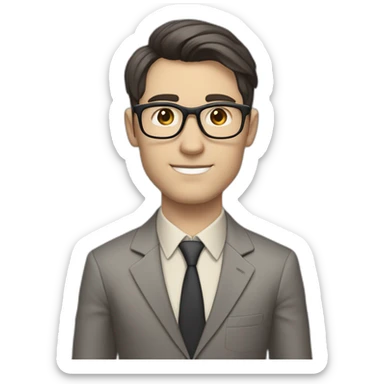 Full height Pale skinned Fit Man With dark brown hair in classic gray suit, beige office shirt, dark gray tie, and vintage glasses. His right hand is directed up sticker