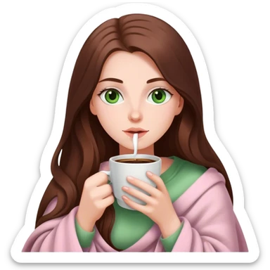 A pretty white girl with very long brown hair and green eyes in a light pink blanket sipping coffee sticker