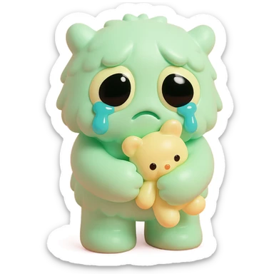 fluffy monster with oversized eyes, tears falling, comforting itself with a plush toy, gentle colors, vinyl figure style sticker