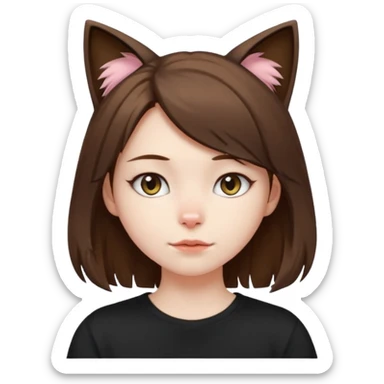 a girl with pale skin, shoulder lengh brown hair with lots of dandruff , cat ears and a tail, with a black t-shirt on sticker
