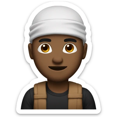 Criminal with black and white shirt with a headband on his eye and. Brown beanie sticker