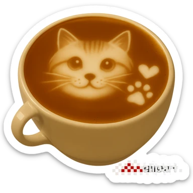 Add a small heart latte art next to the paw print and cat face on the latte. Keep realistic texture and gentle lighting. No background. Maintain the realistic latte art style as in the reference image. sticker