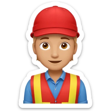 friendly emoji-style character representing a store associate wearing a red vest and a simple red cap, soft smile, neutral stance, flat vector style, front-facing, clean and minimal, no text or logos sticker