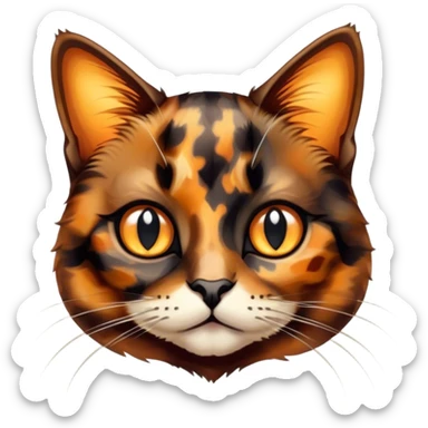 Cinematic Cute Tortoiseshell Cat Portrait Emoji, Head cocked sweetly with bright, curious eyes and a cuddly, mottled fur of rich browns and blacks, simplified yet charmingly adorable, highly detailed, glowing with a warm, gentle radiance, high shine, playful and endearing, styled with a dash of whimsical feline magic, soft glowing outline, capturing the essence of a cute tortoiseshell cat that seems ready to pounce with affectionate mischief! sticker