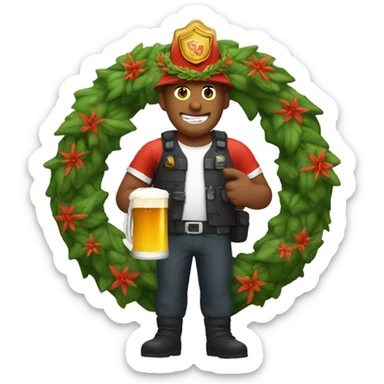 fireguy with wreath on his head and beer in his hands sticker