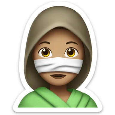 girl with brown hair with her hair in a white towel with a green face mask on sticker