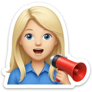 blue eyes blonde girl yelling into megaphone saying timeout long hair smiling sticker