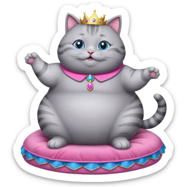 A fat grey cat with blue eyes and pink collor dancing on a cat princess bed sticker