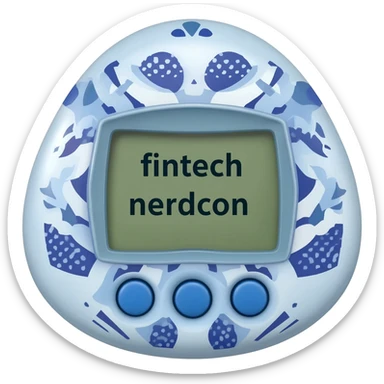 please create me a tamagotchi that syas fintech nerdcon on the screen, and make the style of the tamagotchi round and nerdy and gamer like. GTA style sticker