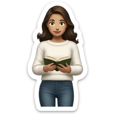 brunette girl in a white sweater is reading a book in her hands sticker