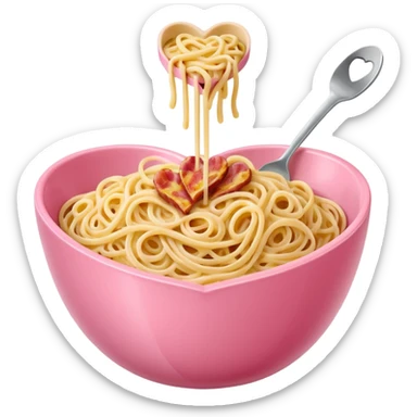 Spaghetti carbonara, in a pink bowl, the bowl should be heartshaped sticker