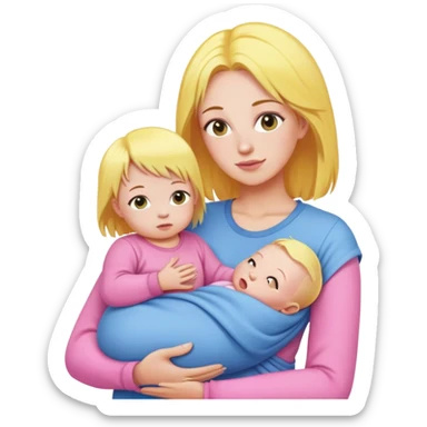 Mother with yellow hair and pink clothes, holding baby in blue clothes sticker