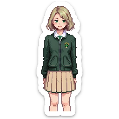 girl in a school uniform wearing a green polo, beige skirt, grey zipper jacket sticker