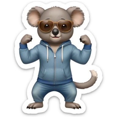 anthropomorphised koala, full body, wearing a hoodie and jeans, dark sunglasses, flexing muscles in a different pose sticker