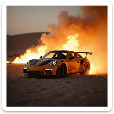 Cinematic shot, Porsche 911 gt3 rs in fire, desert sticker