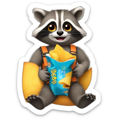 Raccoon with a seatbelt on eating a packet of crisps sticker