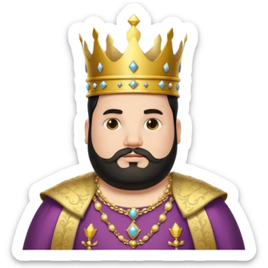 Bearded King, young fat king with short black beard, wearing crown, half body
 sticker