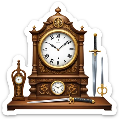 Icon for Antiques Collecting: a vintage clock, intricately carved furniture, famous paintings, antique swords, and rifles. The items are displayed on a wooden table or shelf. The icon should evoke the rich history and craftsmanship of antique collecting. Transparent background. sticker