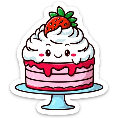 cute strawberry cake with whipped cream, smiling face, kawaii, soft light, hand-drawn look sticker
