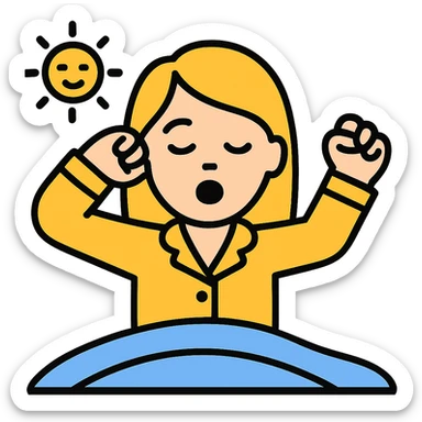 Create an image of a woman with blond hair wearing yellow pajamas, classic emoji style, waking up, with no background. The style should resemble classic emoji style. sticker