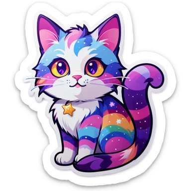 Rainbow cat with purple eyes with rainbow stars on its side sticker