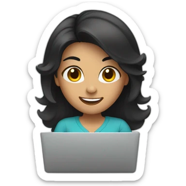 excited woman black hair working laptop sticker