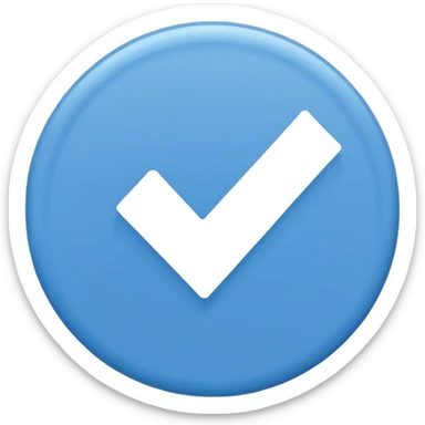 Simple icon, blue circle with a white checkmark in the center, clean white background, flat design, minimal style, clear and sharp, no text, no shadow. sticker
