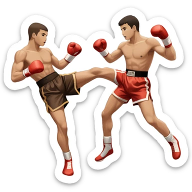 An icon symbolizing kickboxing, featuring two fighters in the ring. One throws a powerful high kick, while the other counters with a punch. The background shows a boxing ring with ropes and a crowd in the distance. Transparent background emphasizes the dynamic energy sticker