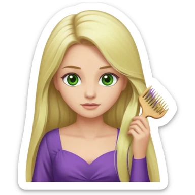 blonde woman with swamp green eyes, soft purple dress, combing her long hair, iOS emoji style sticker