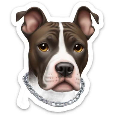 American pitbull terrier with a brindle (black and brown blend)  coat and white down middle of his face and chest. He has a silver chain link collar sticker